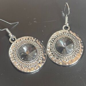 Elegant Silver Tone With Gray Gemstone Dangle Earrings